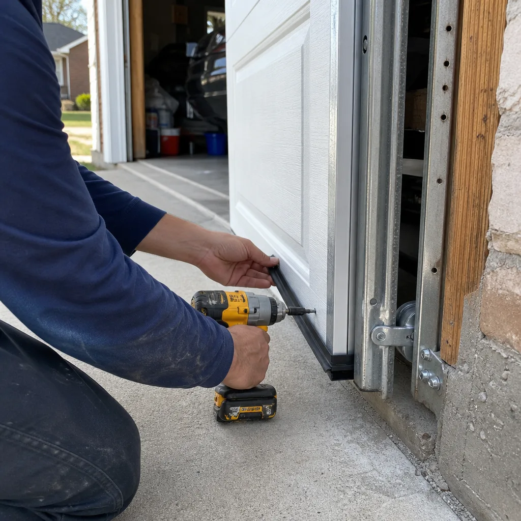 Technician installing garage door weather stripping with a power drill