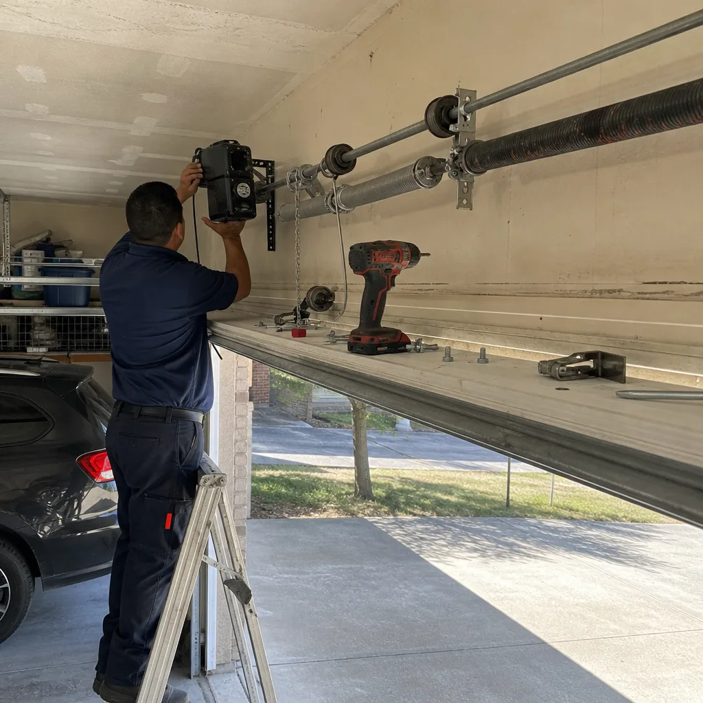 Technician performing professional garage door opener repair on residential equipment