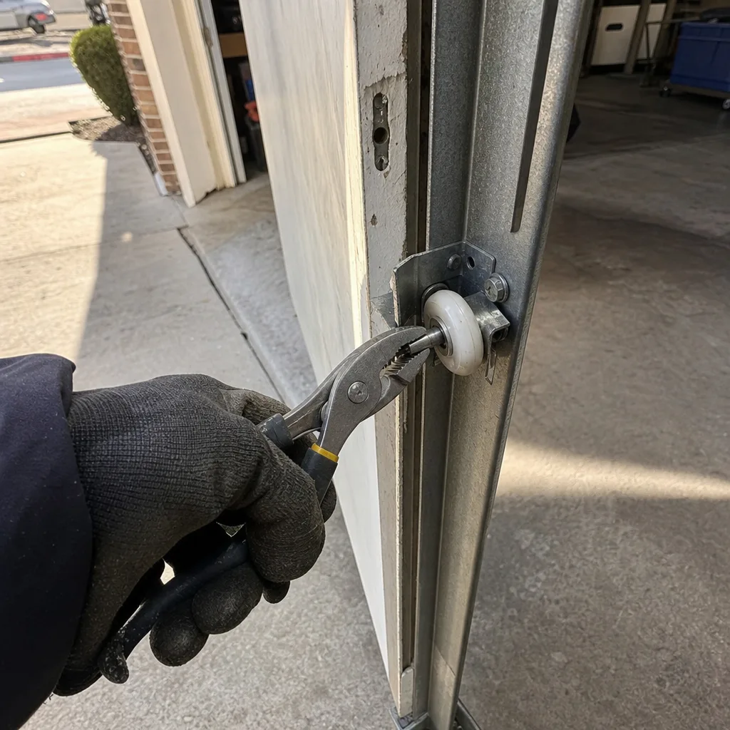Professional technician repairing a garage door roller on a metal track