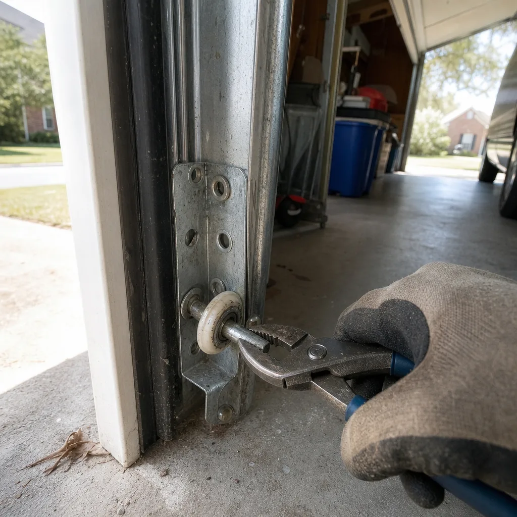 Technician using pliers to repair a garage door roller