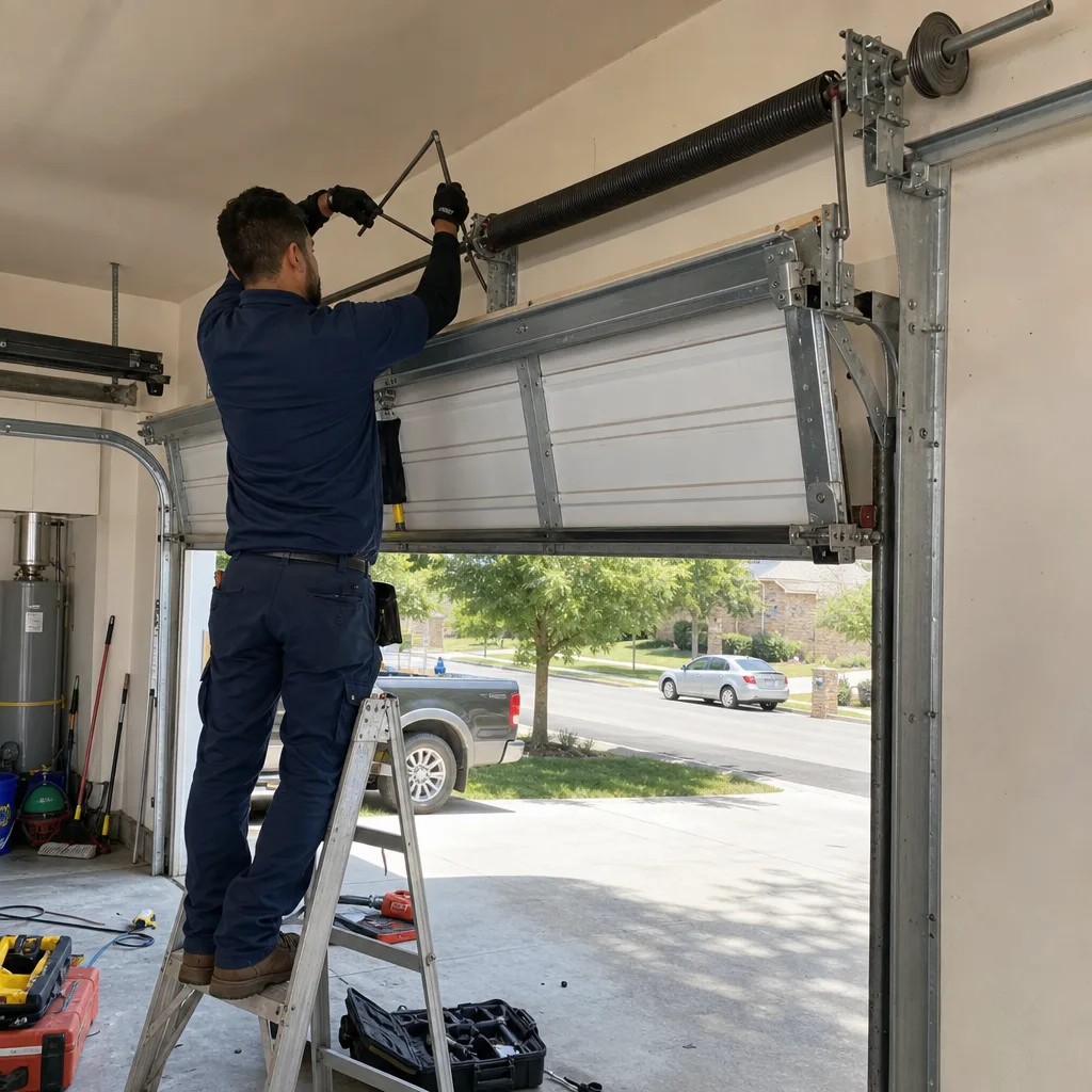 Technician performing professional garage door spring repair and maintenance
